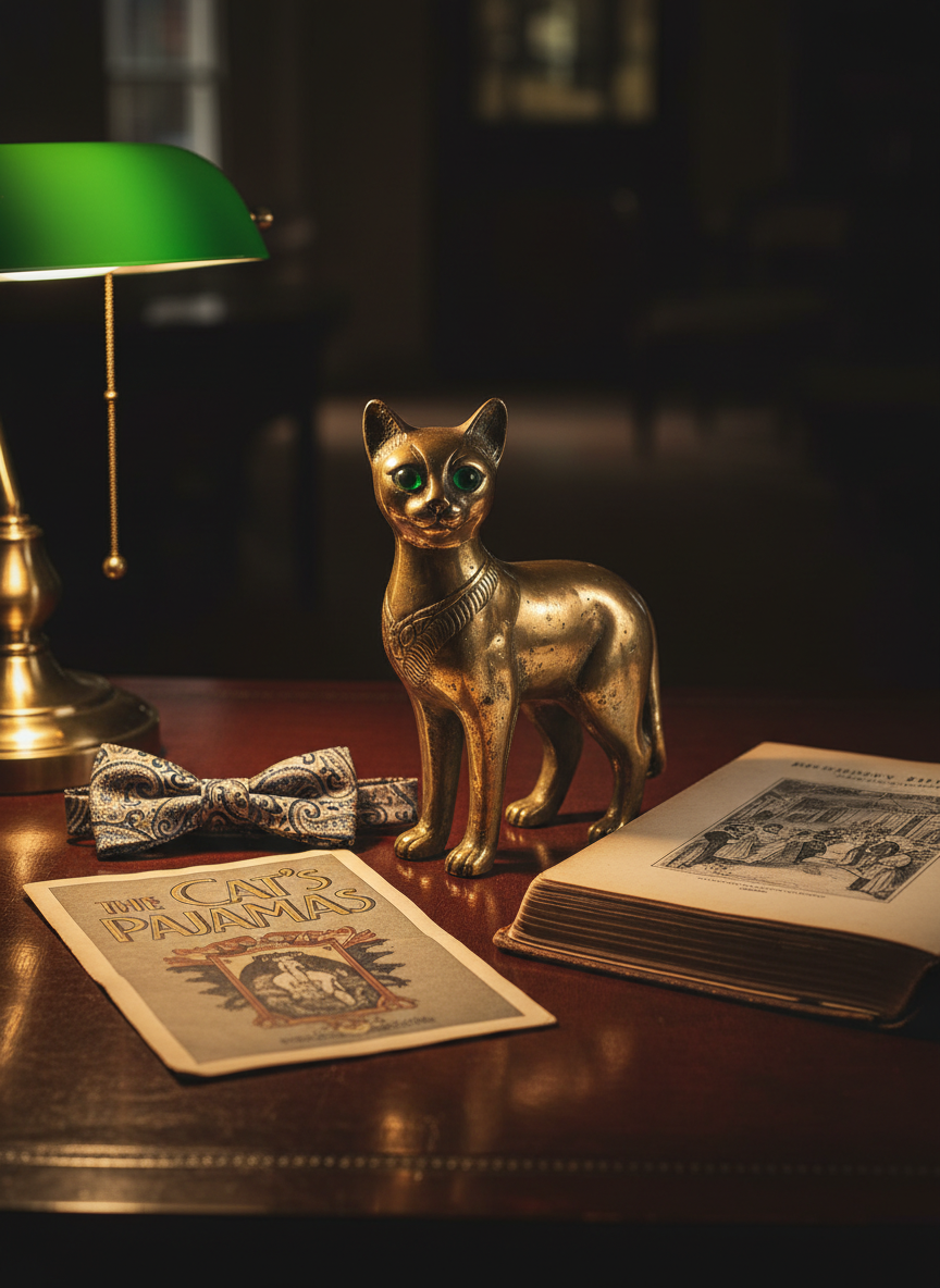 A meticulously arranged still life of antique cat-themed artifacts on a dark, polished mahogany writing desk, captured in rich photographic realism. At the center rests an ornate brass cat figurine with emerald-glass eyes, its surface softly worn with age. Around it, a slightly yellowed Art Deco theater program titled “The Cat’s Pajamas,” a 1920s silk bow tie with subtle paisley, and a cracked leather-bound history book opened to an engraved illustration of a grand ballroom. Warm lamplight from an unseen green-glass banker’s lamp casts a golden glow, creating gentle reflections on the desk and deep, refined shadows. Shot at eye level with a shallow depth of field, the background fades into velvety darkness, evoking a sophisticated, nostalgic mood, like a historian’s private study at midnight.