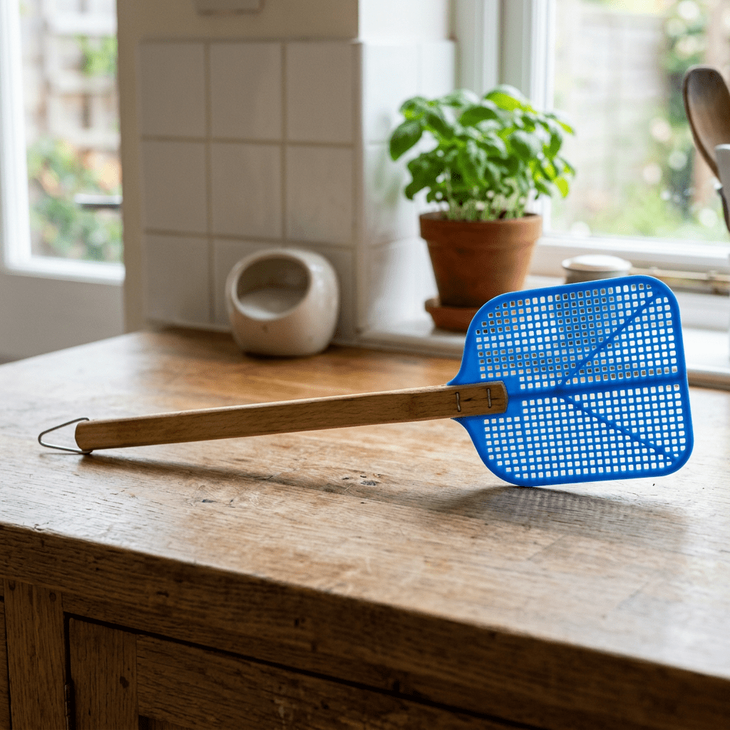 Blue plastic fly swatter with wooden handle resting on a wooden table