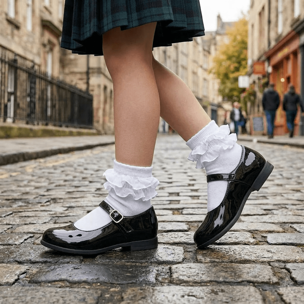 Black patent Mary Jane shoes with buckle on black tights on cobblestone street