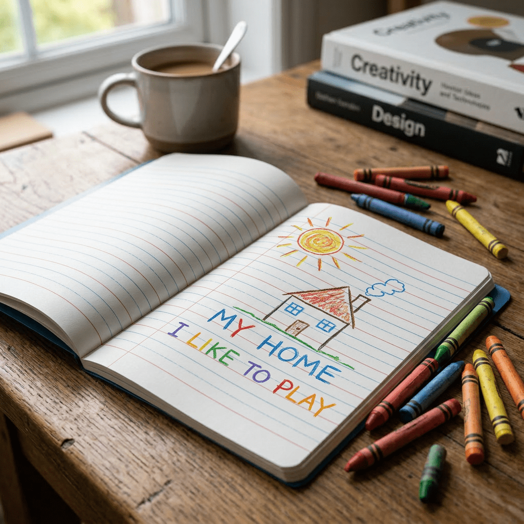 Open notebook with handwritten note, black fountain pen, coffee cup, and design books on wooden desk
