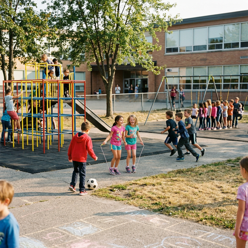 Children playing on playground equipment, skipping rope, kicking a soccer ball, and lining up for swings at school recess