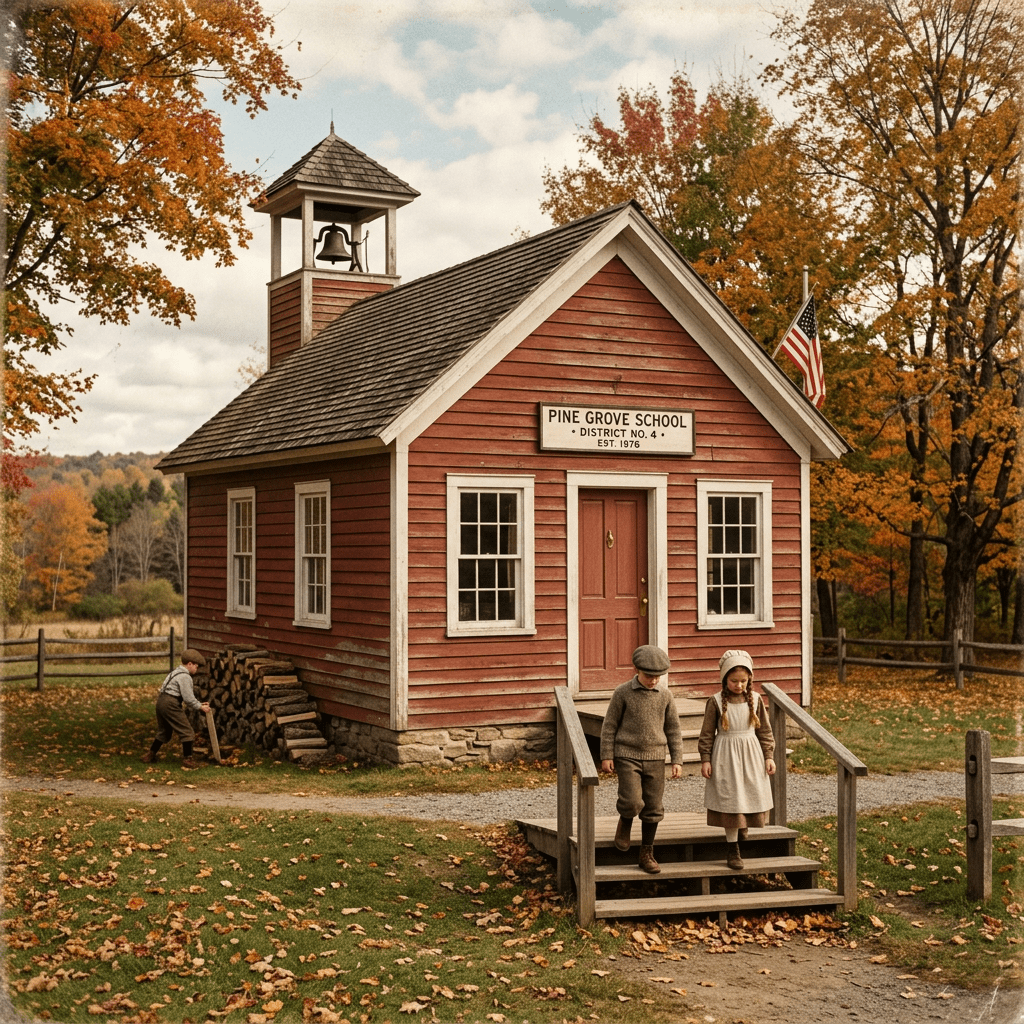 Red one-room schoolhouse with children in vintage clothing outside in autumn